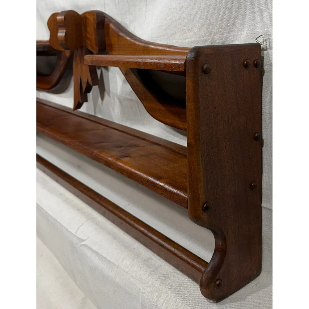 Vintage Walnut Wood Quilt Rack Wall Shelf Carved Bow Ribbon Display 38in GP 92